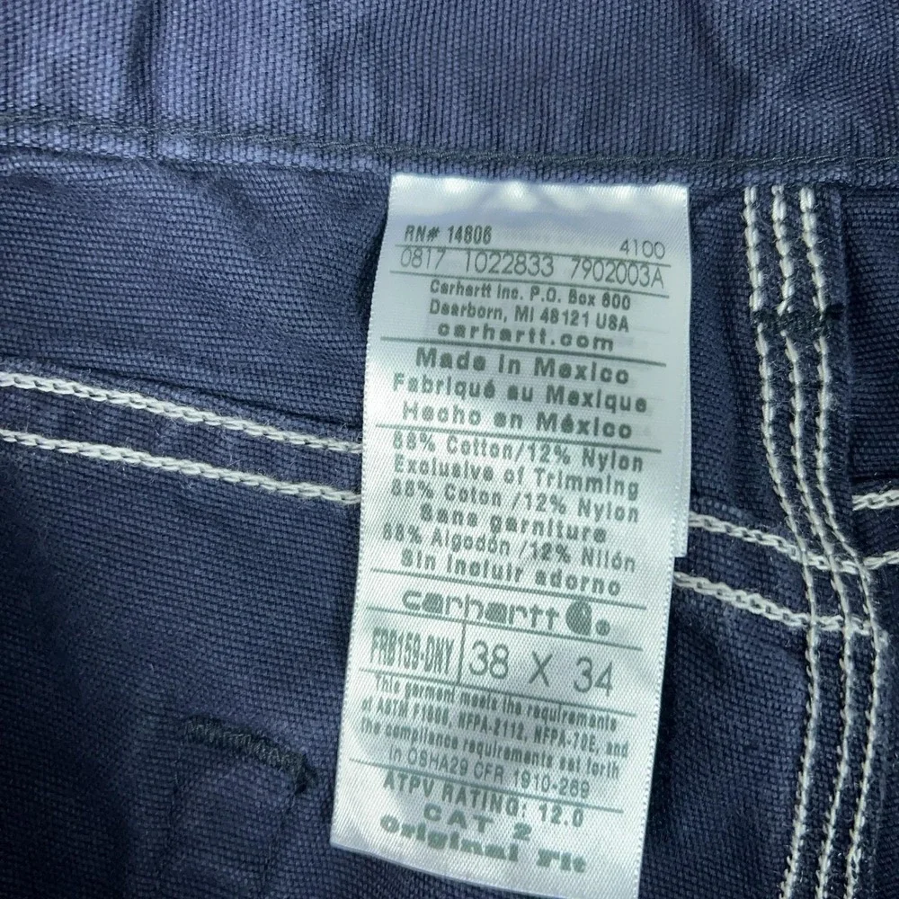 Carhartt Pants Men 38x34 Blue Canvas Carpenter Workwear Flame Resistant FR Cat 2